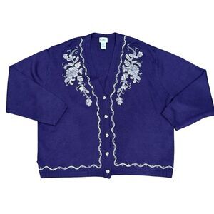🌟 VTG 80s Koret Wool Blend Metallic Embroidered Cardigan – Women’s 3X –Purple �